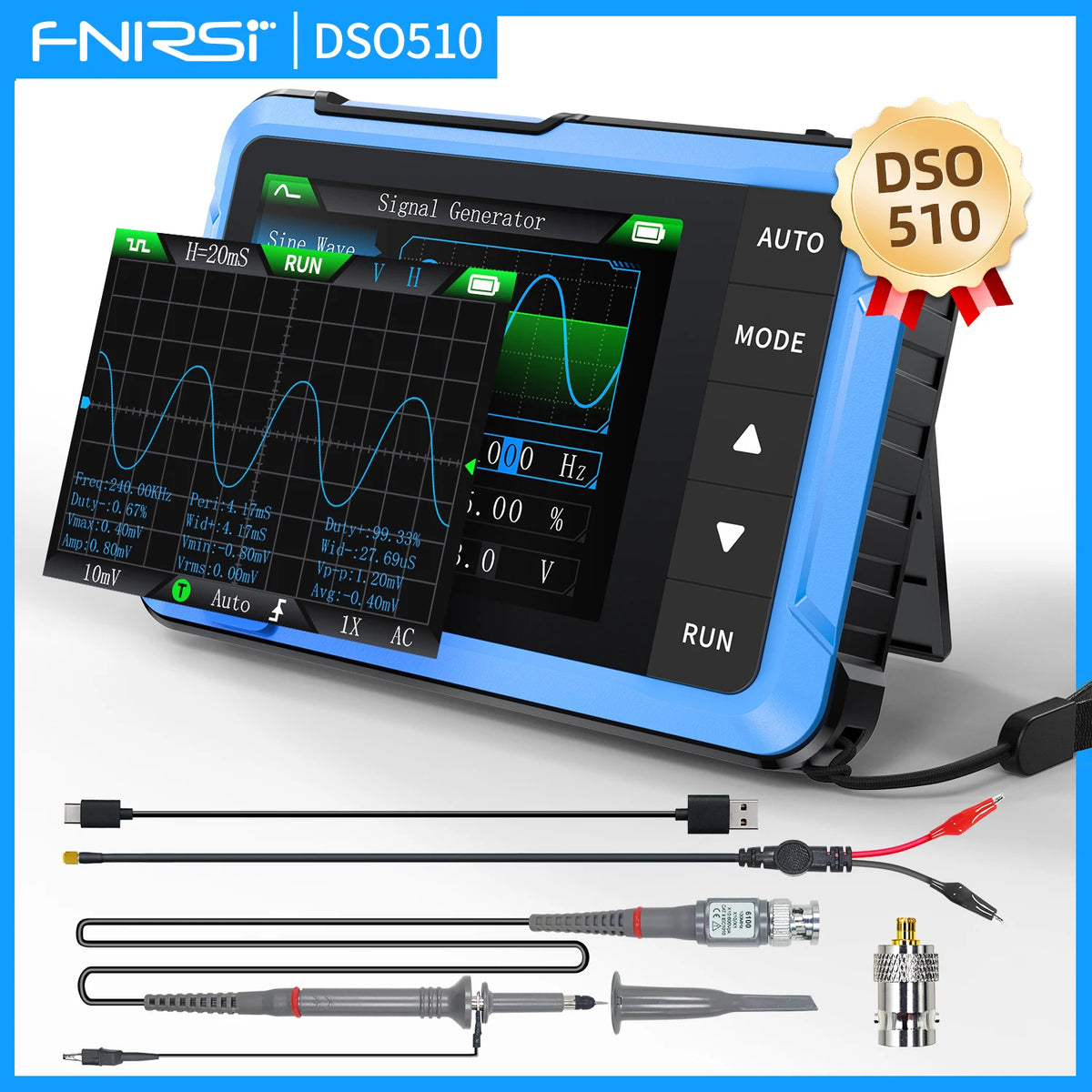 A blue digital oscilloscope DS0510 with various cables and probes for testing.