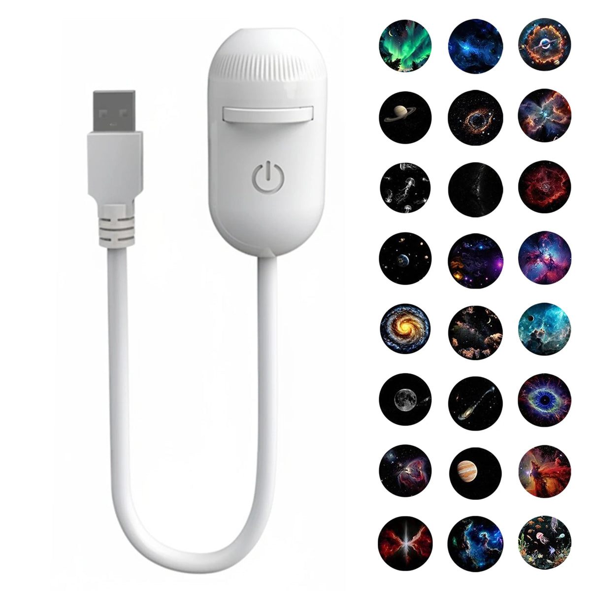 A white dual-mode USB projection lamp with a cord and multiple colored light patterns displayed on the right.