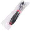 A black and red adjustable chrome ratchet wrench is sealed in a clear plastic bag.
