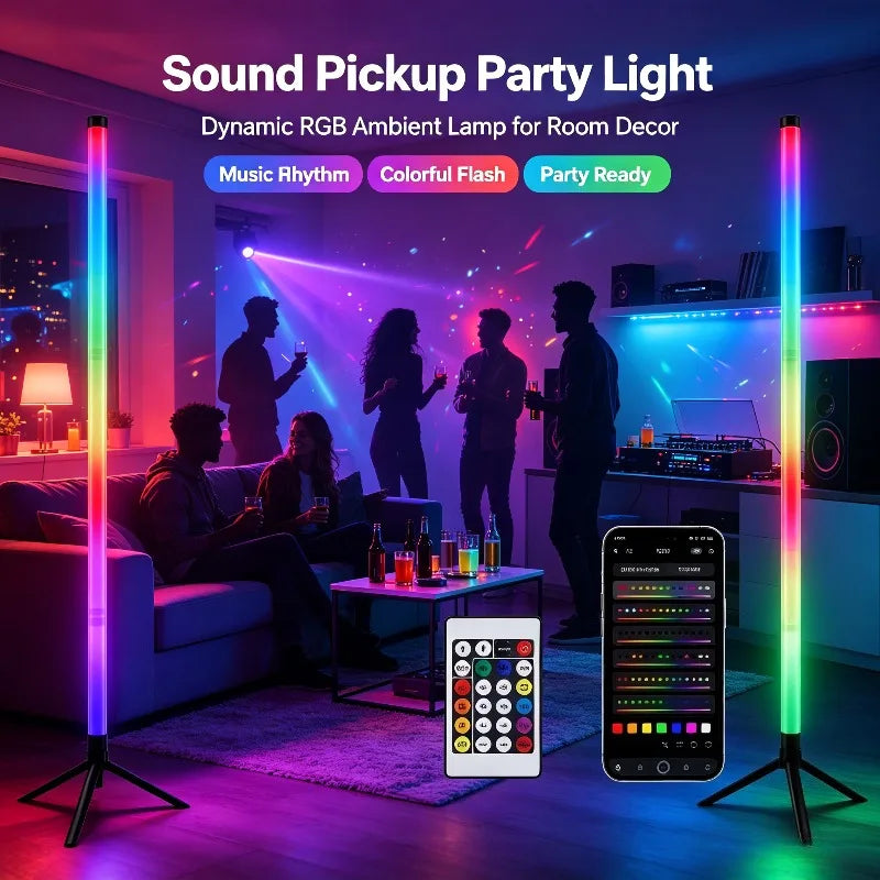 A colorful sound pickup party light lamp illuminating a room with people enjoying music.