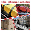 Images showing heavy duty retractable ratchet straps securing yellow boxes and wooden crates on a truck.