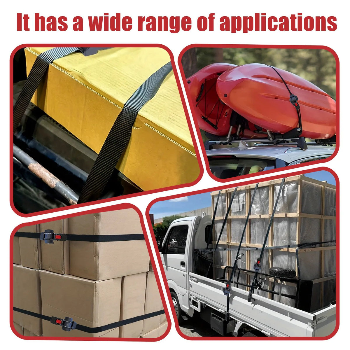 Images showing heavy duty retractable ratchet straps securing yellow boxes and wooden crates on a truck.