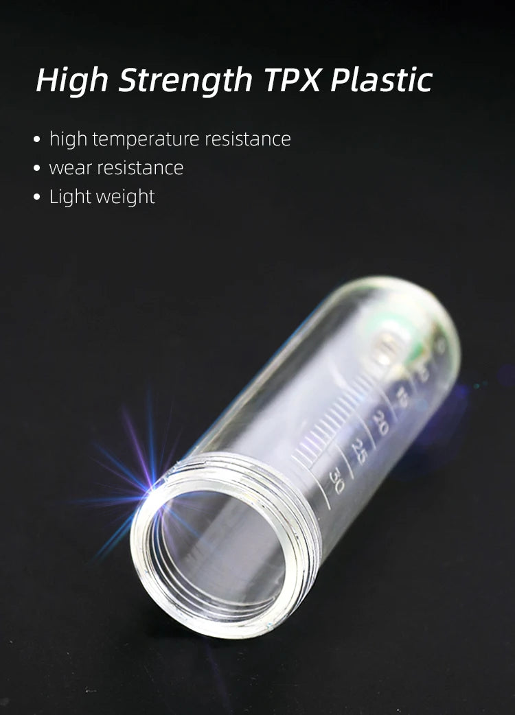 A clear plastic injector tube with markings is shown against a dark background.