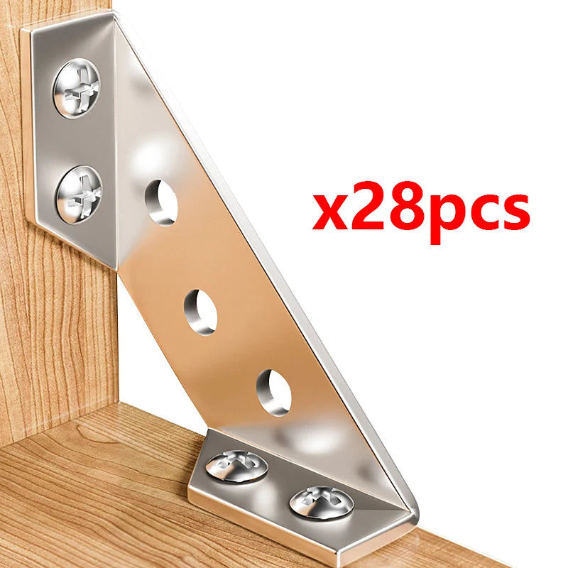 Silver L-shaped corner brackets for wood and metal, shown in a close-up view.