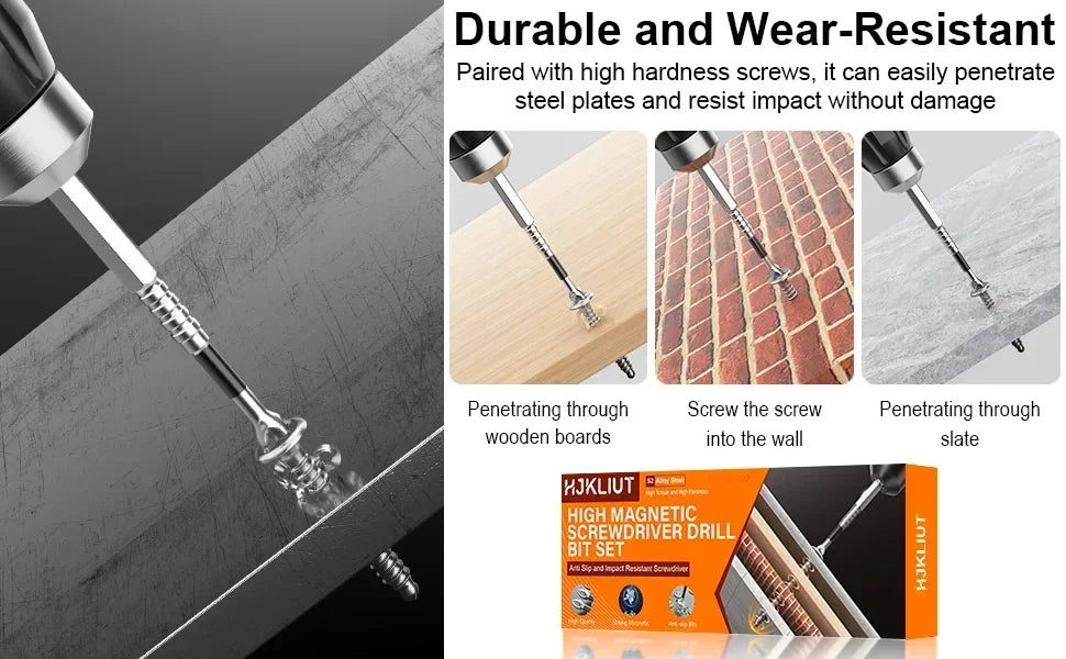 A set of high-impact magnetic screwdriver bits demonstrating penetration into various materials like wood, tile, and slate.