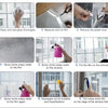 A nine-step process showing how to clean, measure, cut, and apply black opaque self-adhesive window film for privacy.