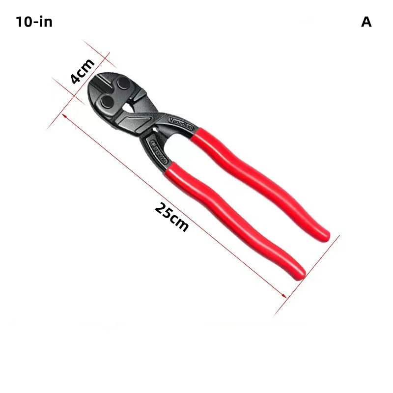 A heavy-duty bolt cutter with spring and notch shown with dimension lines.