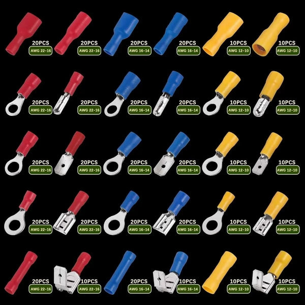 A collection of insulated wire connectors in various colors and sizes, including male and female terminals.