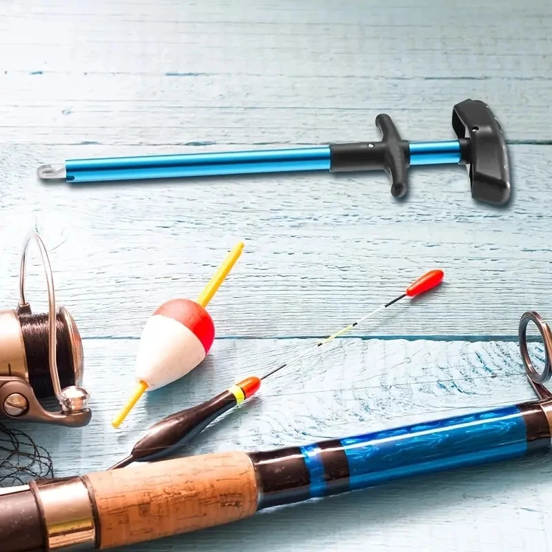 A portable aluminum T-hook remover tool is shown with various tools and components on a light blue wooden surface.