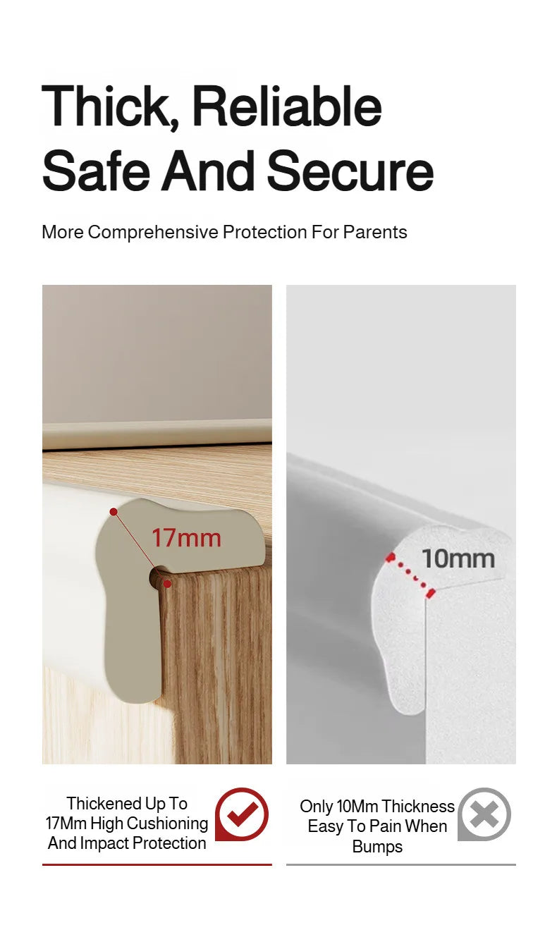 Close-up view of a thick, reliable safety guard for a table or corner, showing its 17mm thickness and impact protection featu