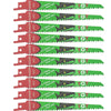 A set of ten precision reciprocating saw blades with green teeth and red handles, labeled S644D.