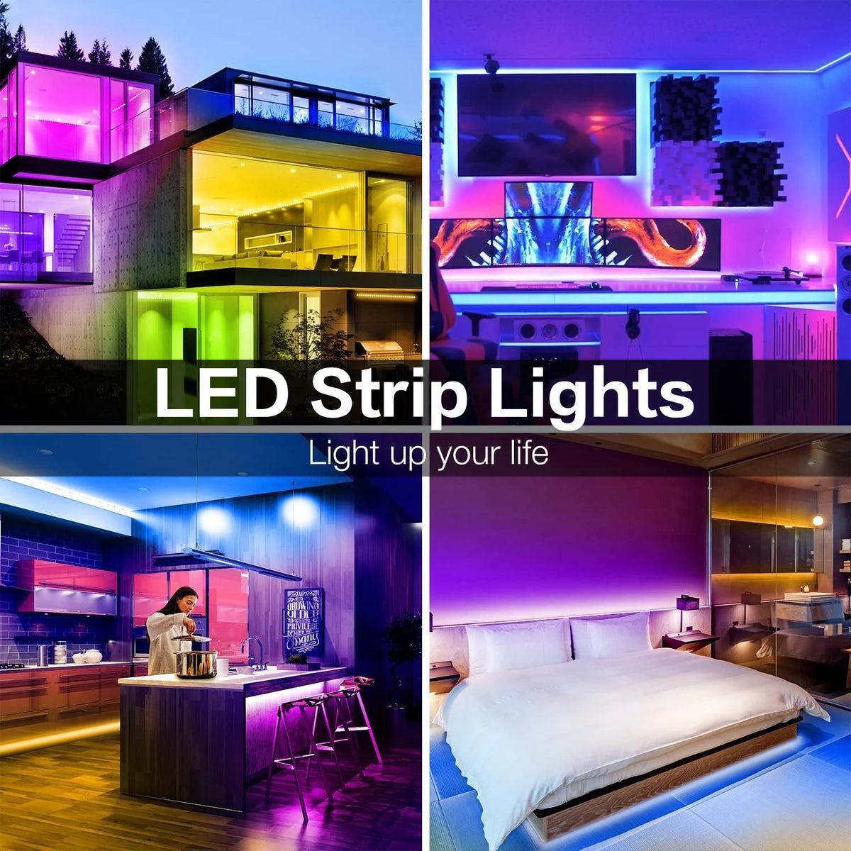 Various scenes showcasing vibrant RGB LED strip lights used for architectural and interior lighting.