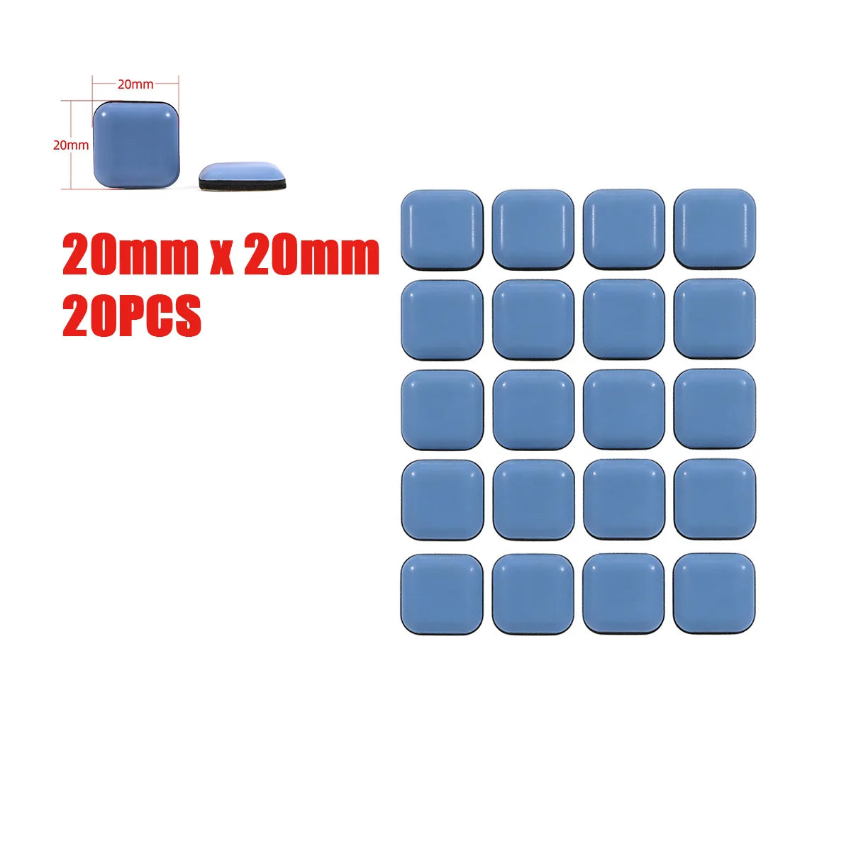 20 pieces of square blue self-adhesive furniture sliders measuring 20mm by 20mm for floor protection
