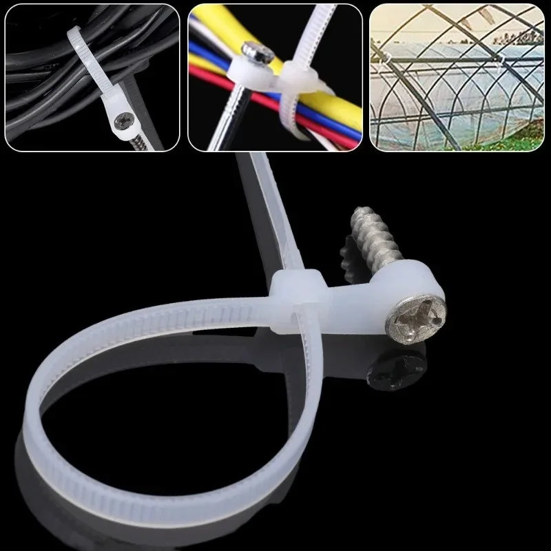 Reusable nylon cable ties with screw holes shown in various configurations and a flexible loop.