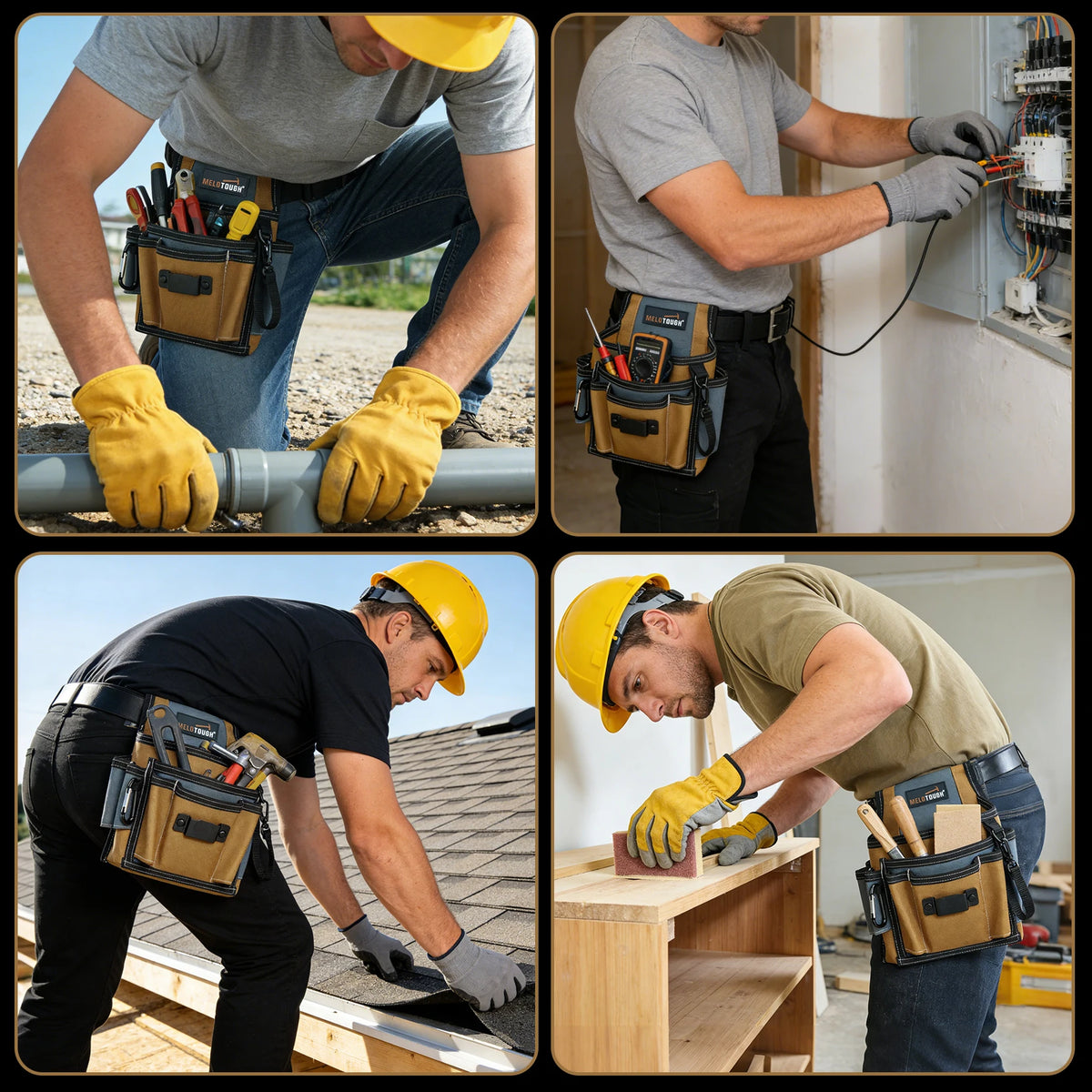 Three men working with a durable multi-pocket tool organizer pouch in various construction and repair settings.