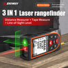 A black 3-in-1 laser rangefinder device is shown emitting a green laser beam onto a wooden surface.