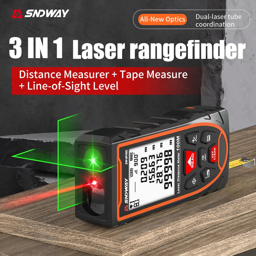 A black 3-in-1 laser rangefinder device is shown emitting a green laser beam onto a wooden surface.