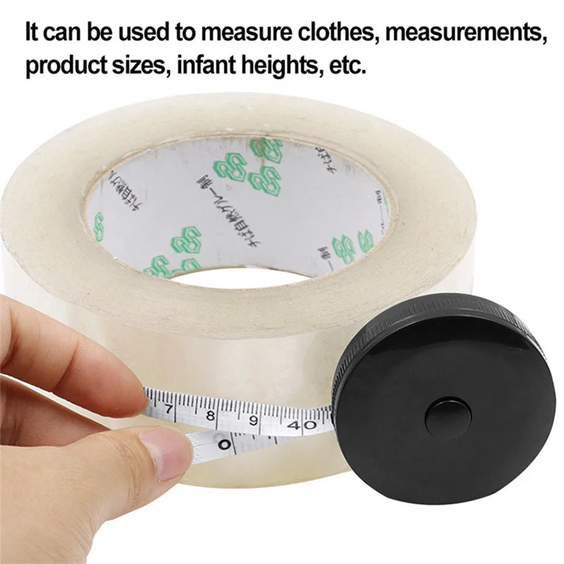 A roll of white measuring tape with a black handle is shown next to a hand, demonstrating its use for measuring items.
