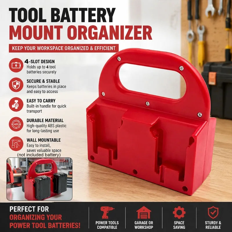 A red tool battery mount organizer with four slots for storing batteries.