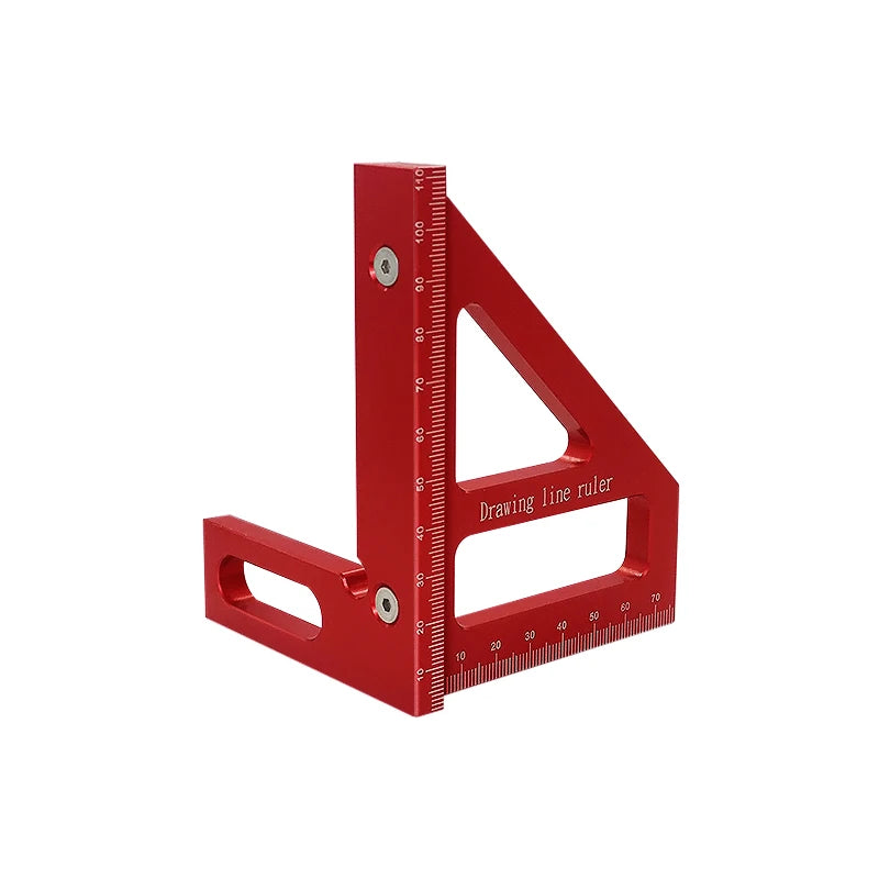 A red precision aluminum miter triangle layout tool with a drawing line ruler.