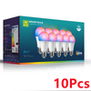 A box of 10 WiFi Smart LED Bulb Dimmable Spotlight bulbs in various colors and white.
