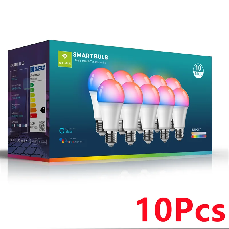 A box of 10 WiFi Smart LED Bulb Dimmable Spotlight bulbs in various colors and white.