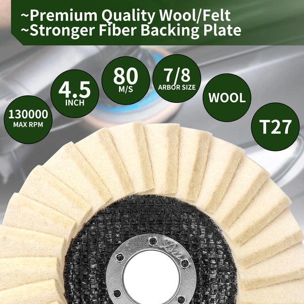 A close-up view of a wool polishing wheel with a fiber backing plate and a center hub.