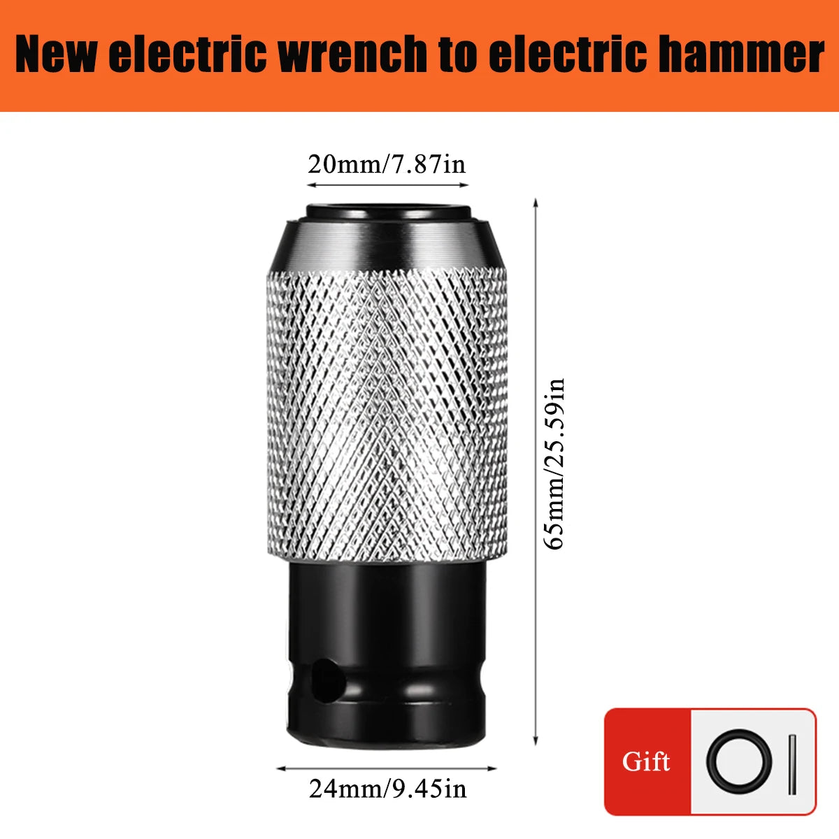 Adaptateur de clé électrique argenté avec poignée noire et boîte cadeau rouge à côté du produit.