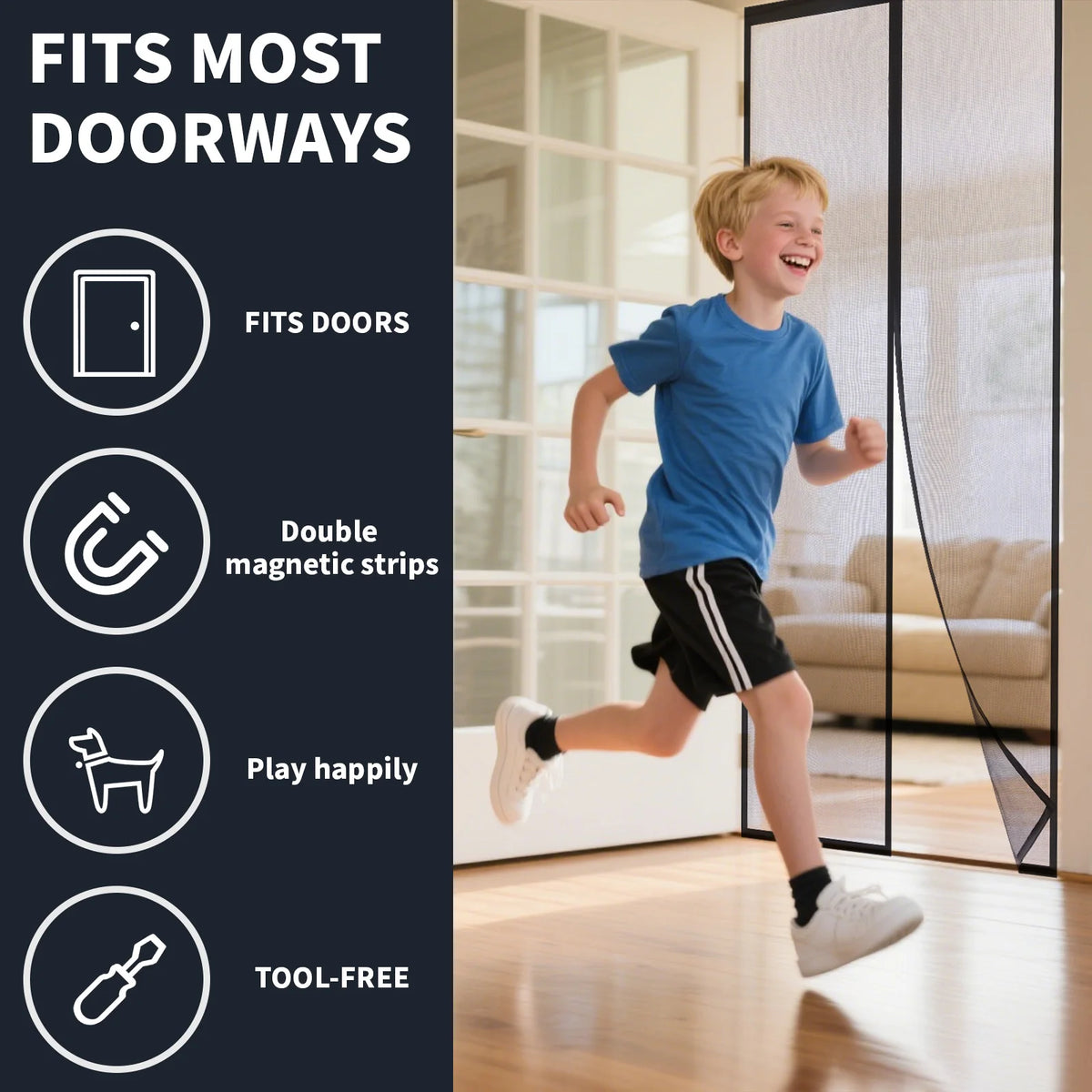 A young boy is running through a modern room while a magnetic fiberglass door screen is visible in the background.