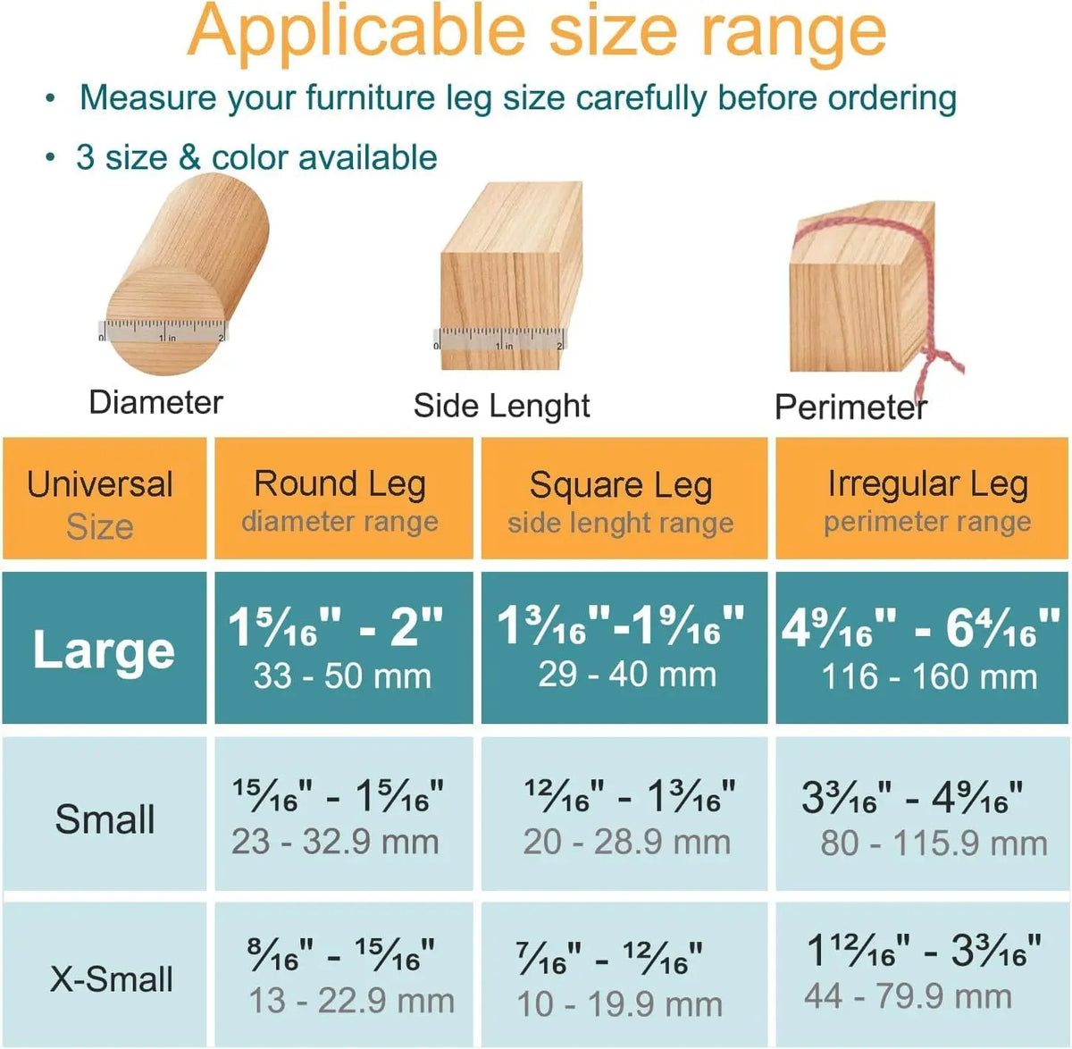 A chart showing the applicable size range for silicone non-slip furniture leg pads categorized by Large, Small, and X-Small s