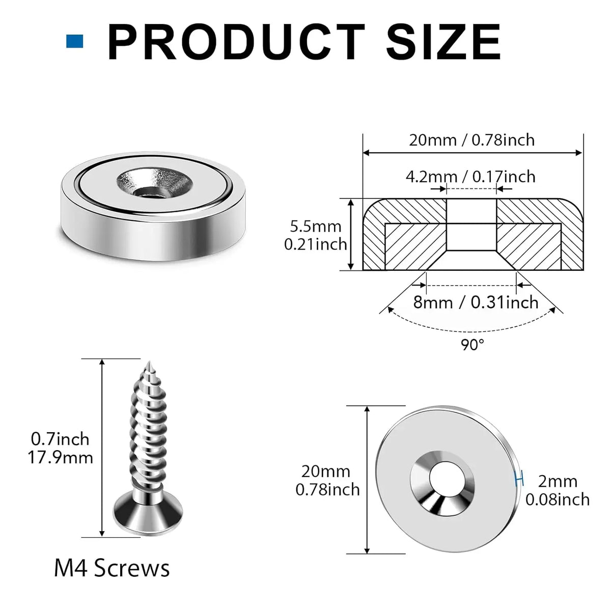 Diagram showing the size and dimensions of M4 screws and a disc magnet.