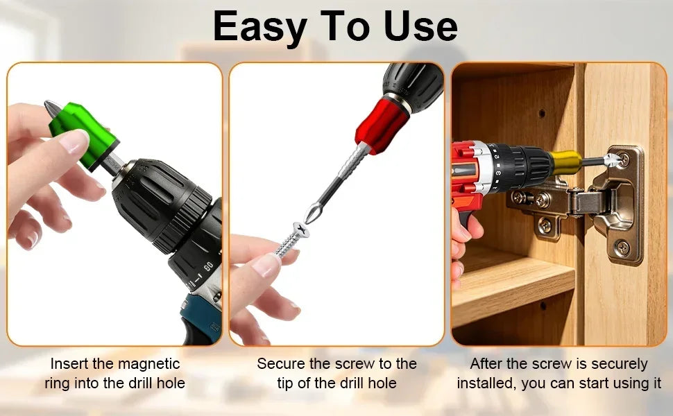 A hand inserts a magnetic screwdriver bit into a drill hole, demonstrating how to secure a screw.