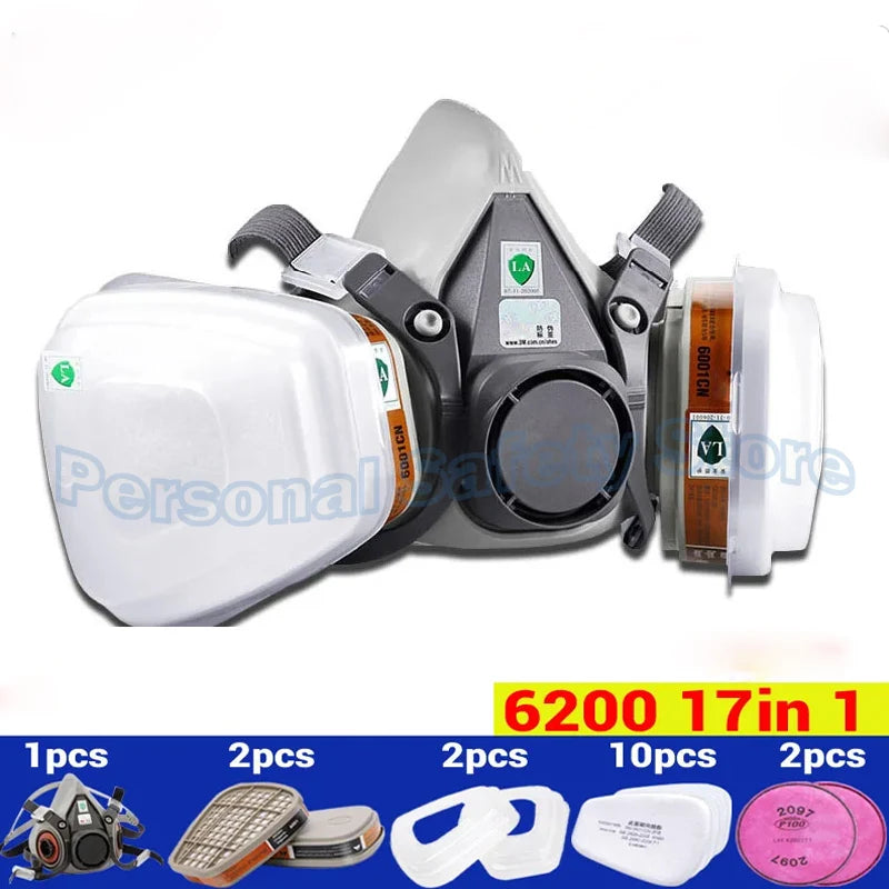 A set of half-face respirator and safety goggles for painting and work, including various sizes.