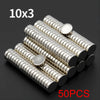 A collection of 50 fridge magnets, arranged in 10 rows of 3, showing silver-colored cylindrical magnets.
