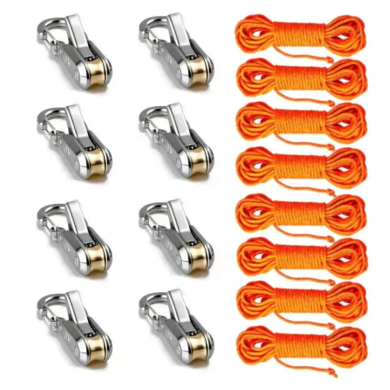 A set of silver aluminum tent rope tensioners with bright orange cord for adjusting tent ropes.