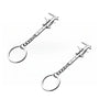 Silver metal jewelry measuring ruler and caliper keychain with a circular loop.