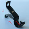 A black adjustable metal curtain rod bracket with dimensions marked, showing its structure and size.