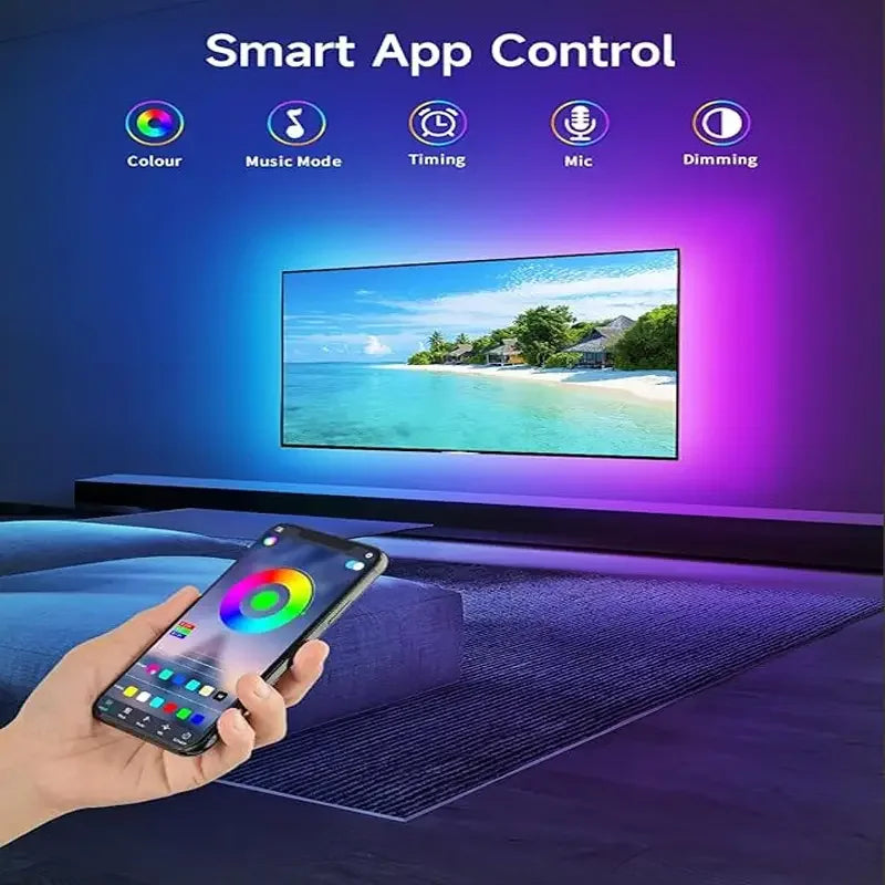 A hand holds a smartphone displaying a smart app control interface for lighting features like colour, music mode, timing, mic