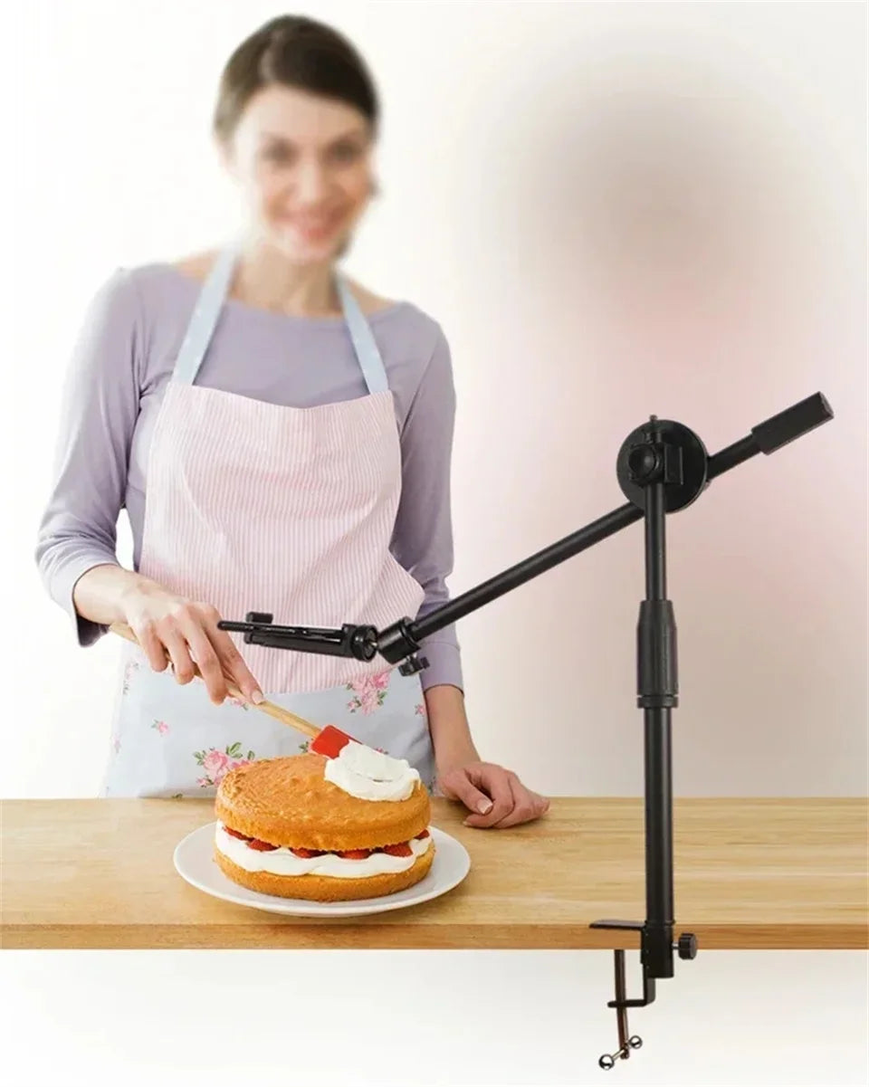 A woman prepares a pancake on a plate using a versatile overhead tripod with a boom arm.
