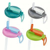 Four reusable drink can lids with straws in teal, gray, pink, and lime green colors.