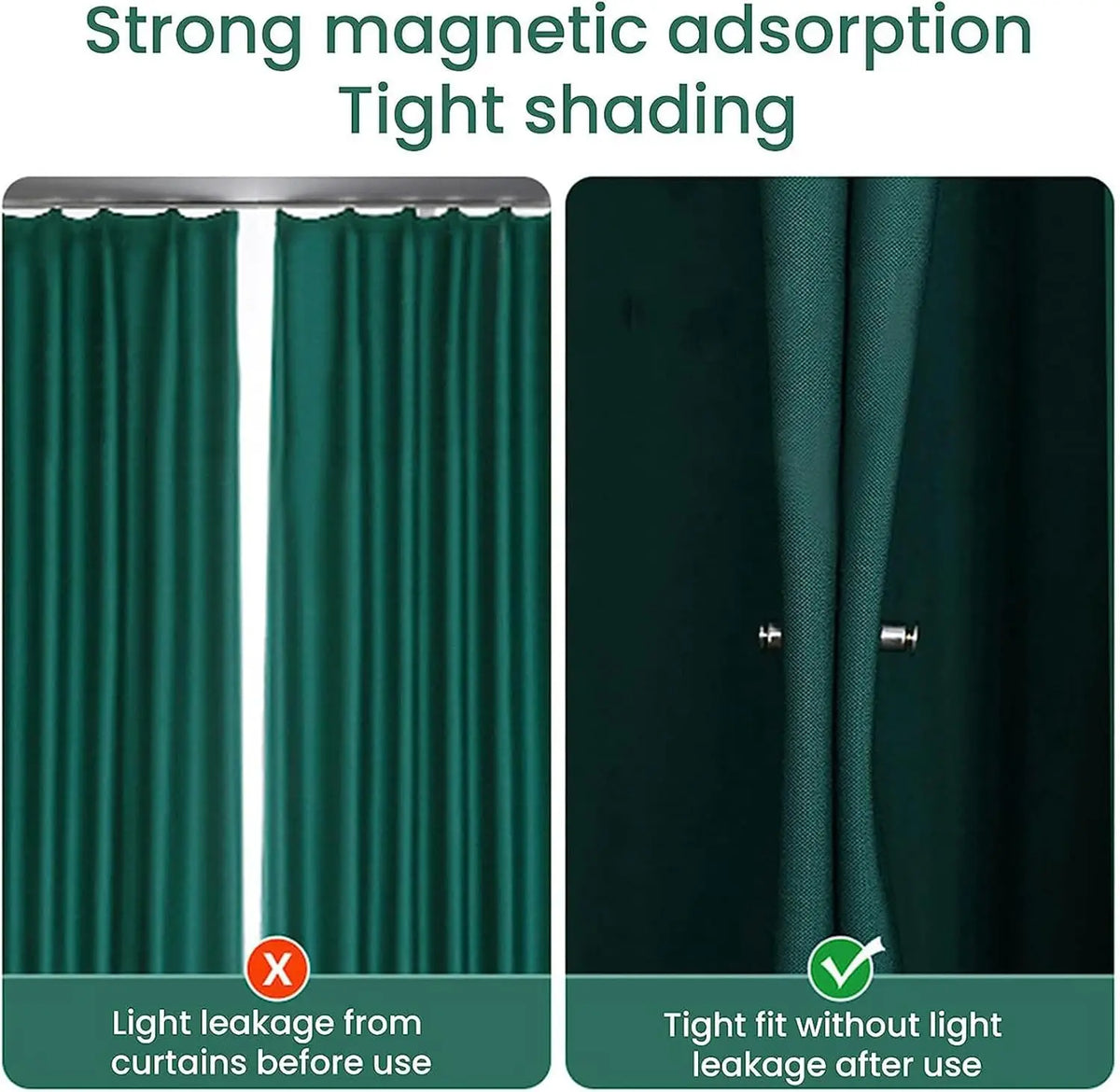Close-up of dark green magnetic curtain clips used for tight shading on window drapery.