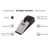 A black mini wireless door stop security alarm device with a silver plate and various function icons.