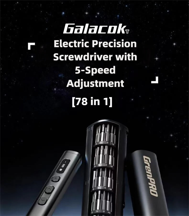 A black electric precision screwdriver with 5-speed adjustment and a 78-in-1 repair kit is shown against a dark, starry backg