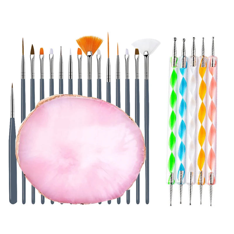 A set of professional nail art brushes featuring various sizes and shapes for acrylic and gel applications.