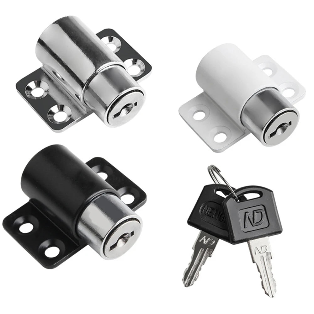 A set of two silver and black sliding door window locks for child safety.