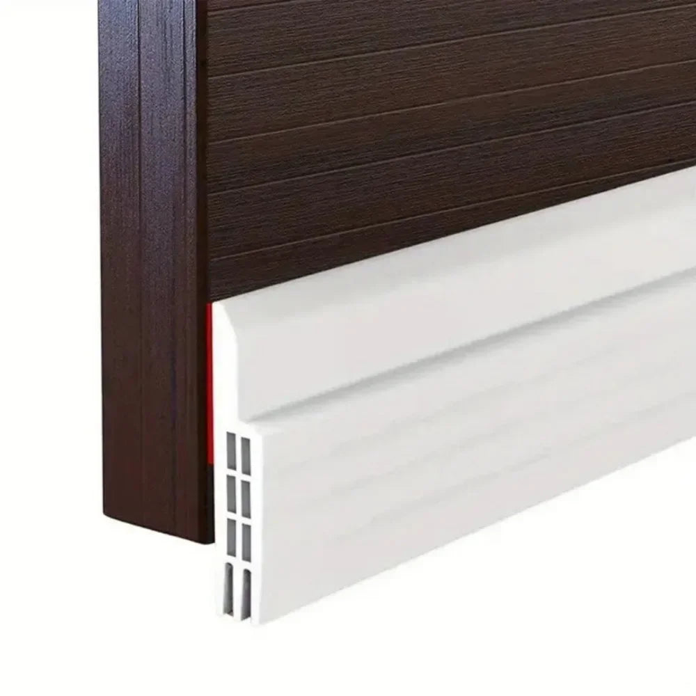 A white door draft stopper seal strip is shown next to a dark brown wooden frame.