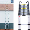 A heavy-duty telescopic extension ladder with a silver frame and black steps is shown standing upright.