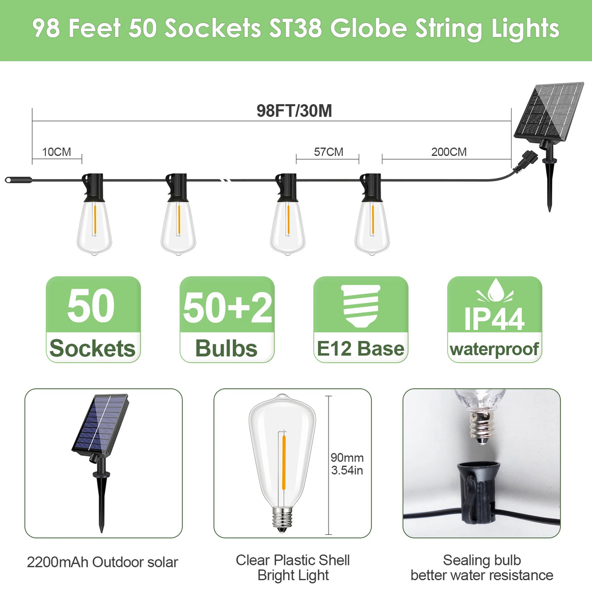 98 feet of 50 socket ST38 globe string lights with solar panels and waterproof bulbs