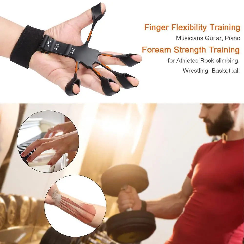 Silicone finger and wrist strength trainer used for flexibility and strength training exercises.
