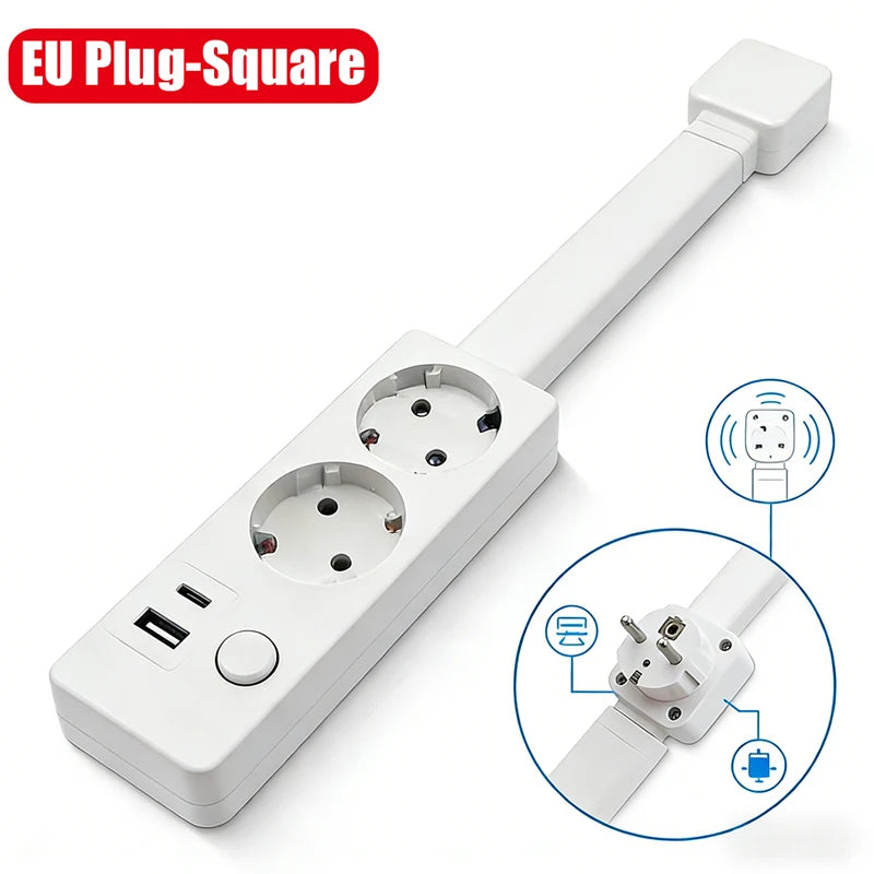A white EU plug-square electrical outlet extender with multiple sockets and a rotating adapter shown on a white background.